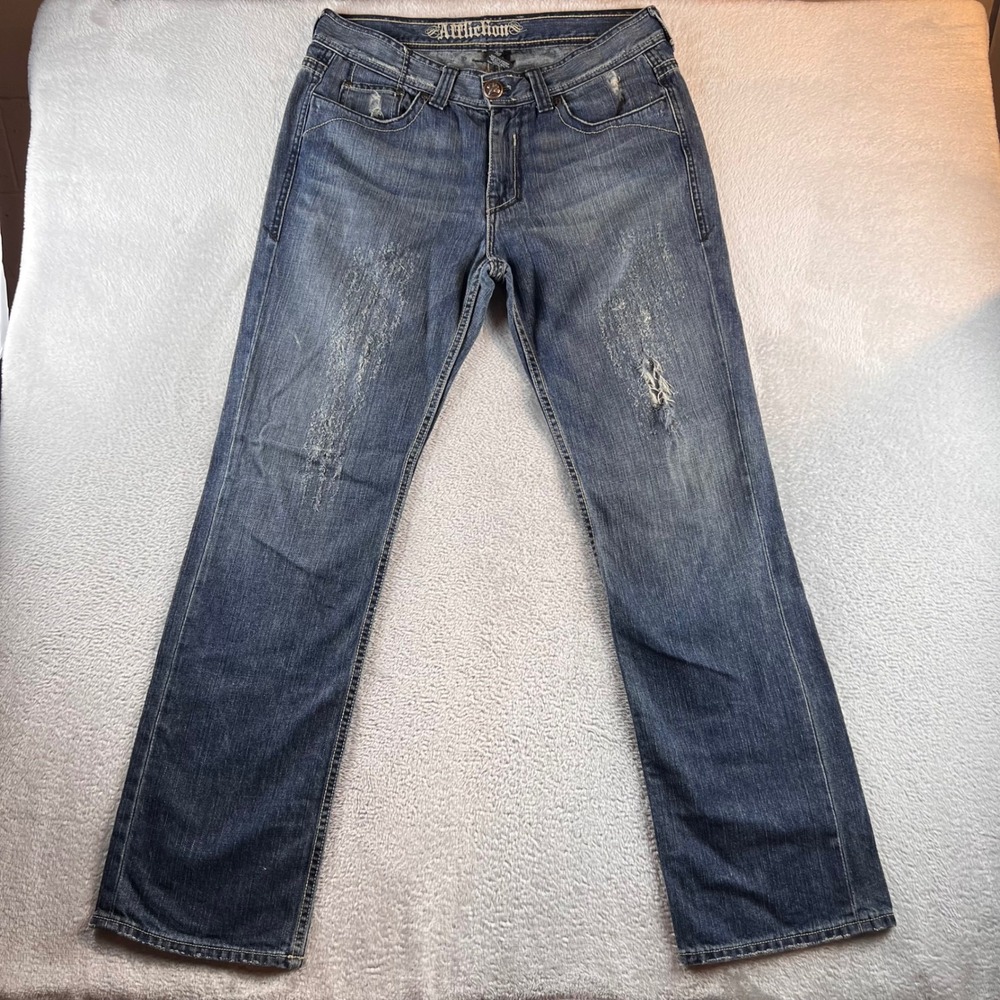 Y2K Affliction Mens Distressed Blue Denim Series Straight Jeans 34x34 RN121895